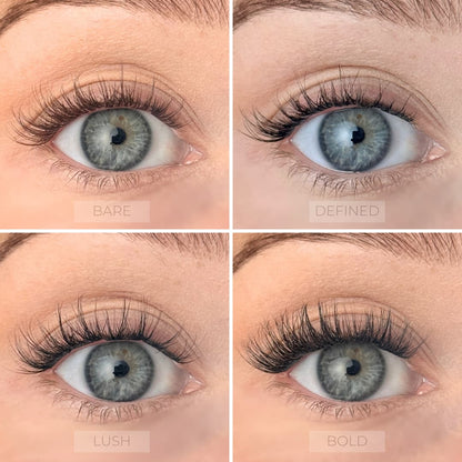 Collage of a woman's eyes with different lash extensions labeled 'Bare', 'Defined', 'Lush', and 'Bold'.